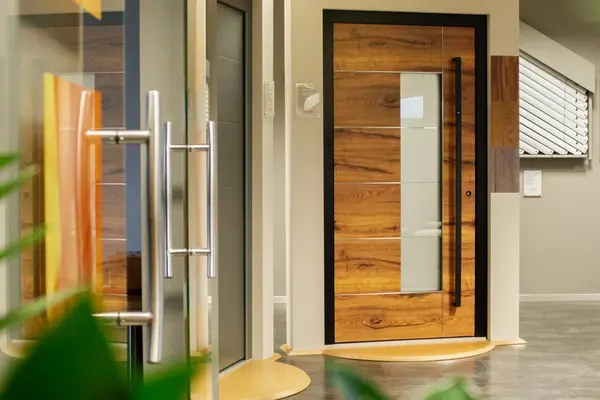 Moderne Haustüren aus Holz und Glas mit Edelstahlgriffen in einer Ausstellung.