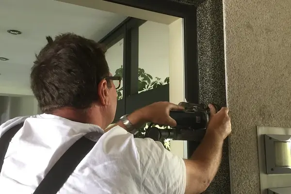 Handwerker montiert Fensterrahmen an Außenwand mit elektrischem Werkzeug für Hausbau.